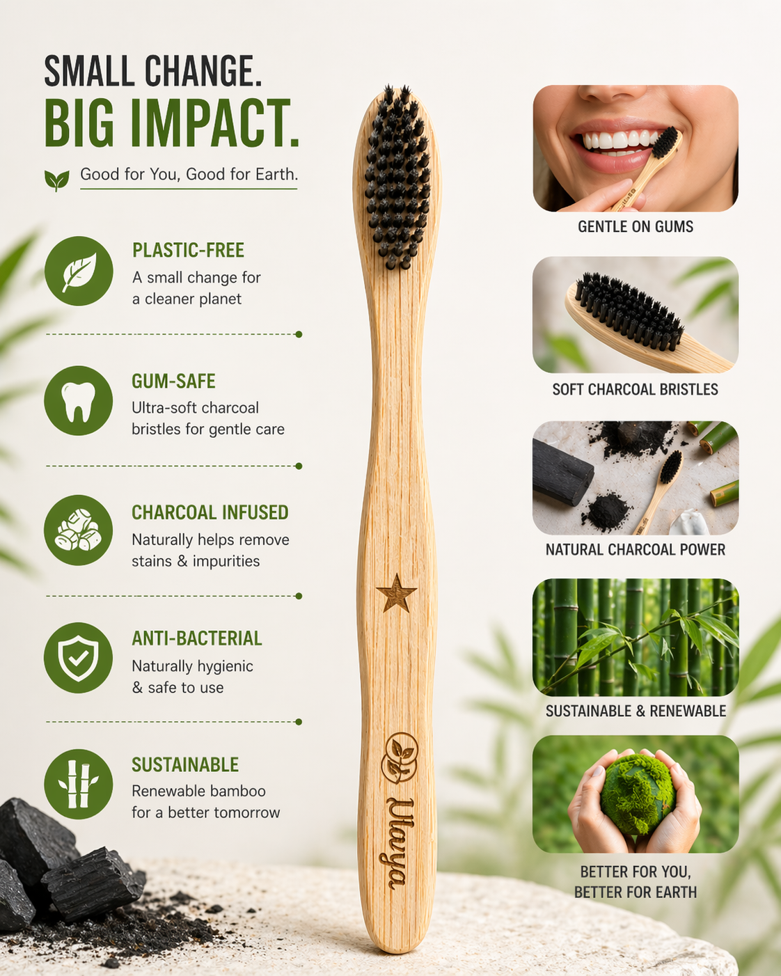 Bamboo Toothbrush Pack of 4 – Soft Charcoal Bristles